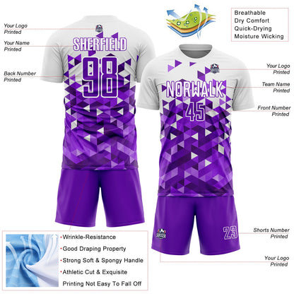 Custom Purple White Geometric Pattern Sublimation Soccer Uniform Jersey