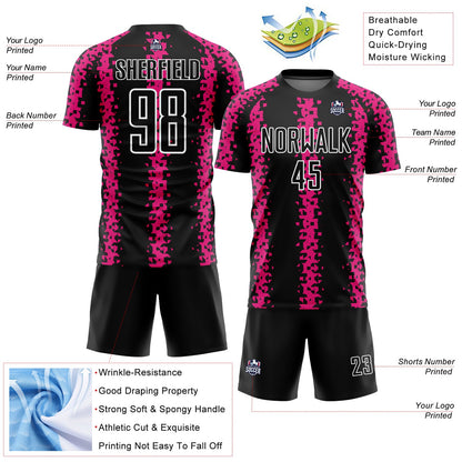 Custom Black Hot Pink-White Abstract Geometric Pattern Sublimation Soccer Uniform Jersey