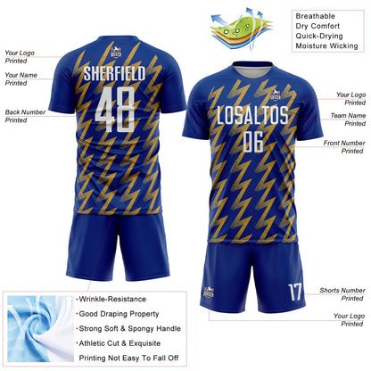 Custom Royal White-Old Gold Zigzag Shape Sublimation Soccer Uniform Jersey