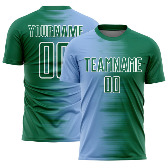 Custom Kelly Green Light Blue-White Gradient Line Sublimation Soccer Uniform Jersey