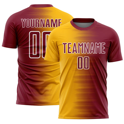 Custom Crimson Gold-White Gradient Line Sublimation Soccer Uniform Jersey