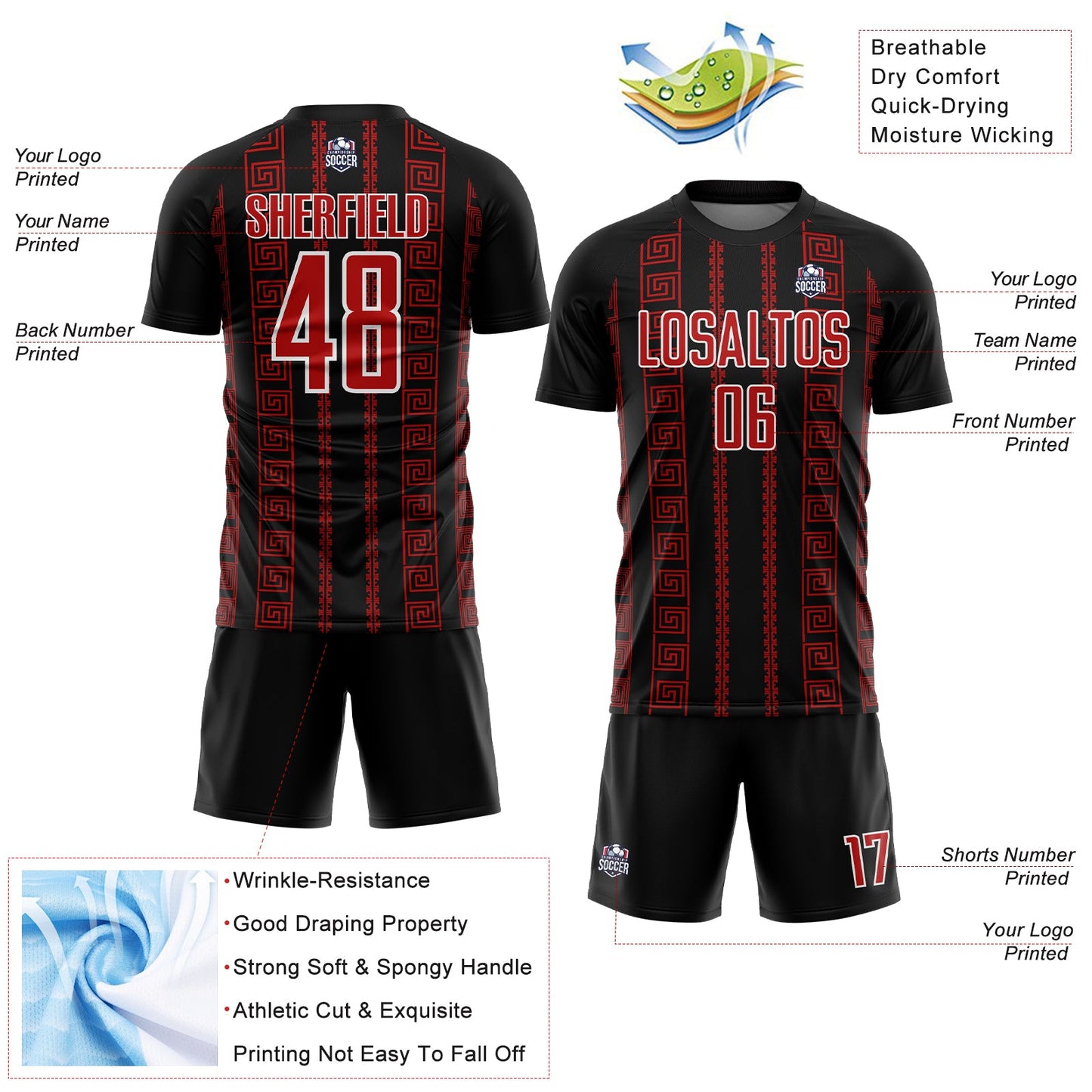 Custom Black Red-White Geometric Shape Sublimation Soccer Uniform Jersey