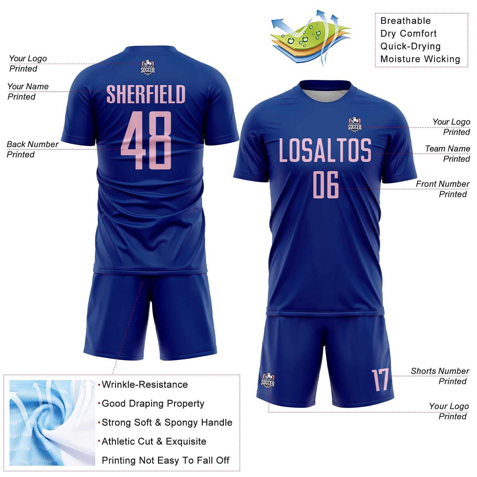 Custom Royal Light Pink Sublimation Soccer Uniform Jersey
