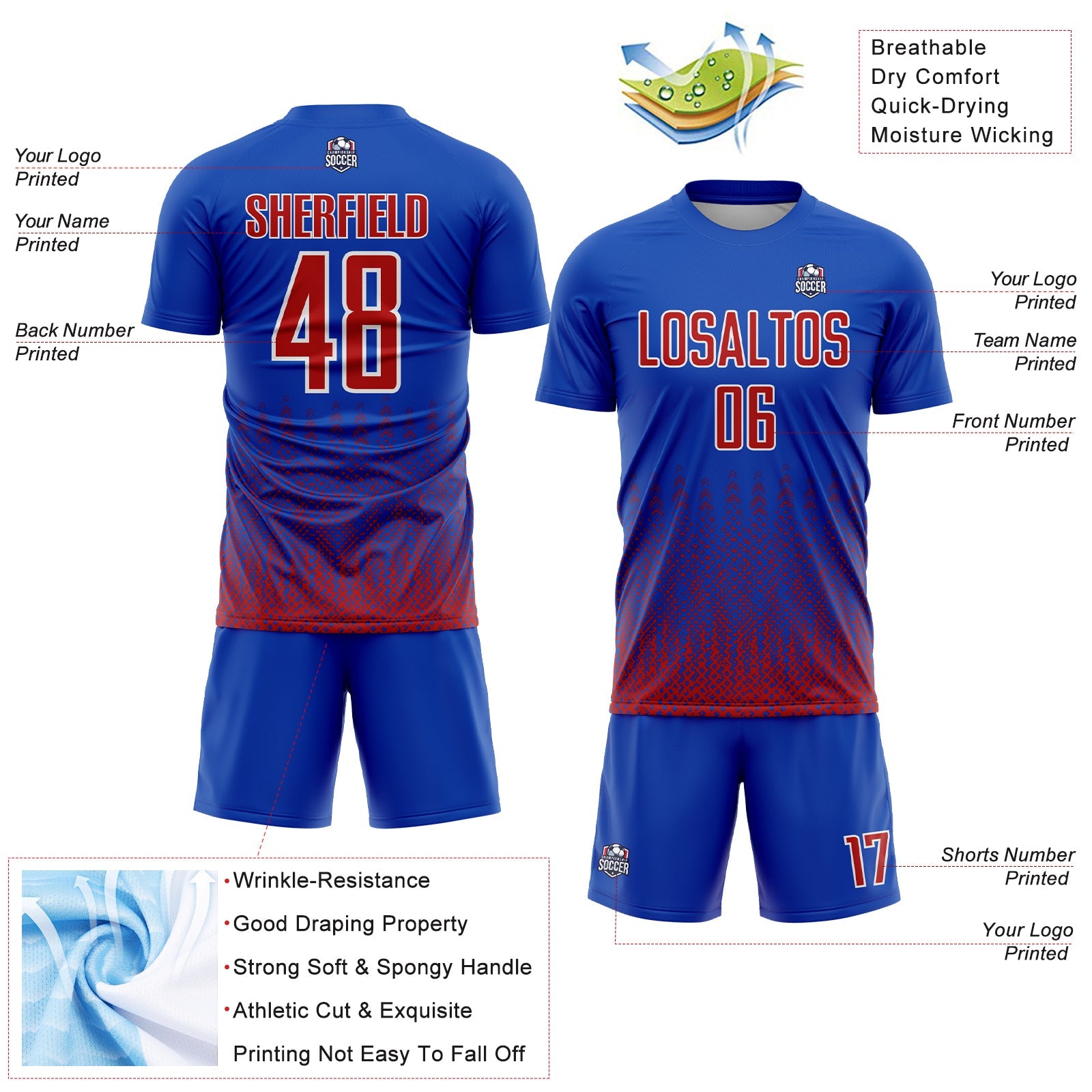 Custom Royal Red-White Geometric Shape Sublimation Soccer Uniform Jersey