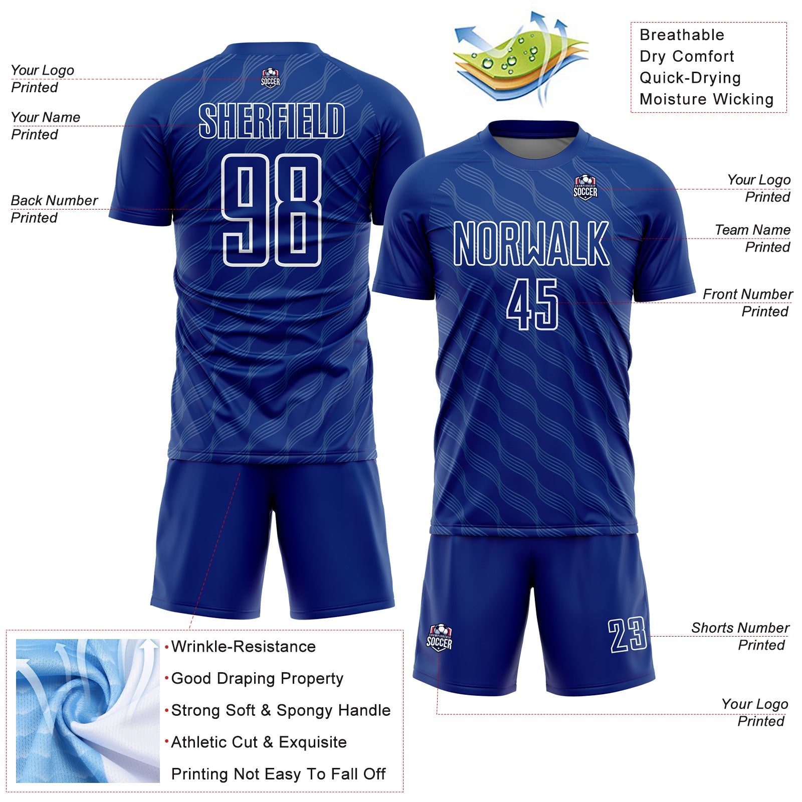 Custom Royal White Waves Shape Sublimation Soccer Uniform Jersey