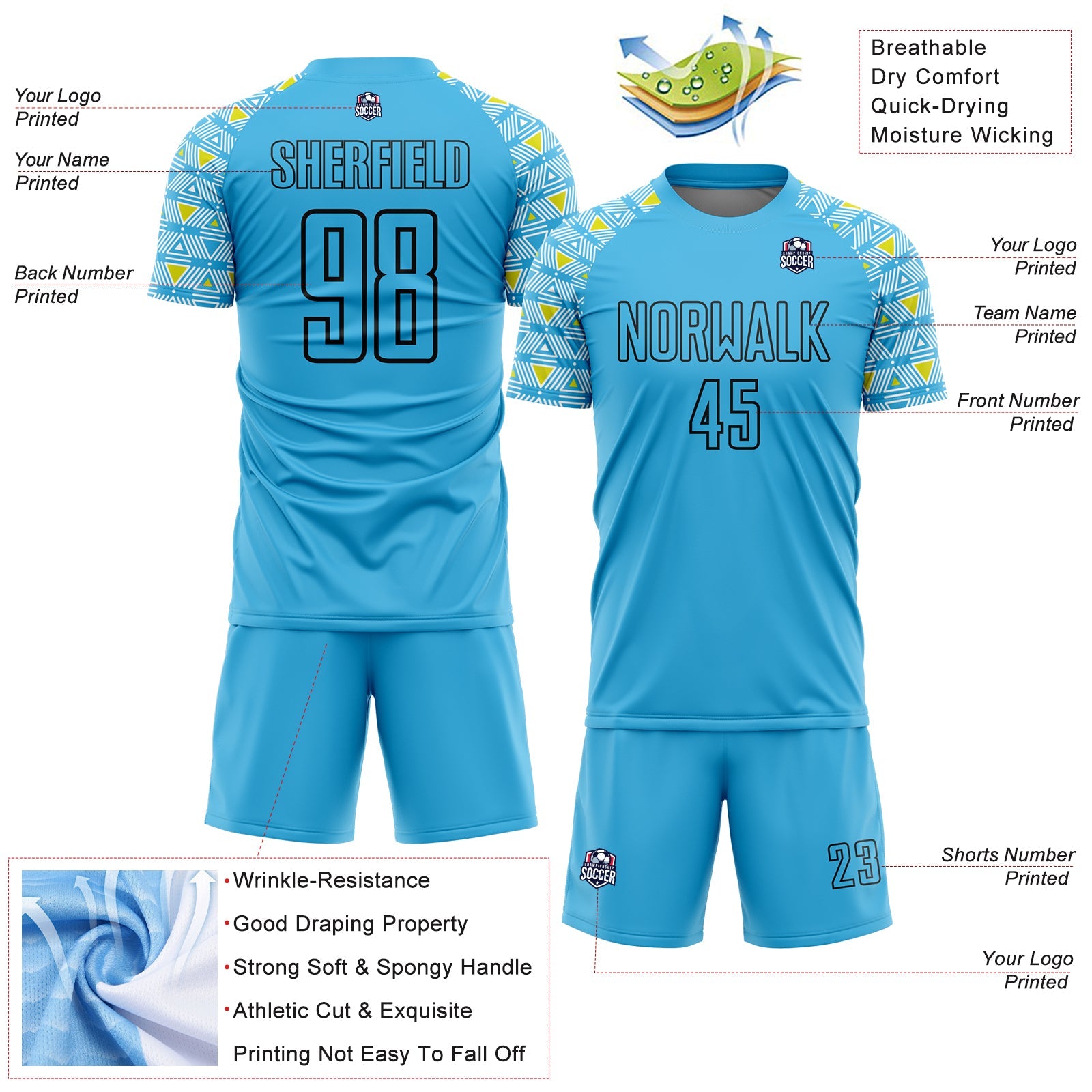 Custom Sky Blue Black Geometric Shape Sublimation Soccer Uniform Jersey