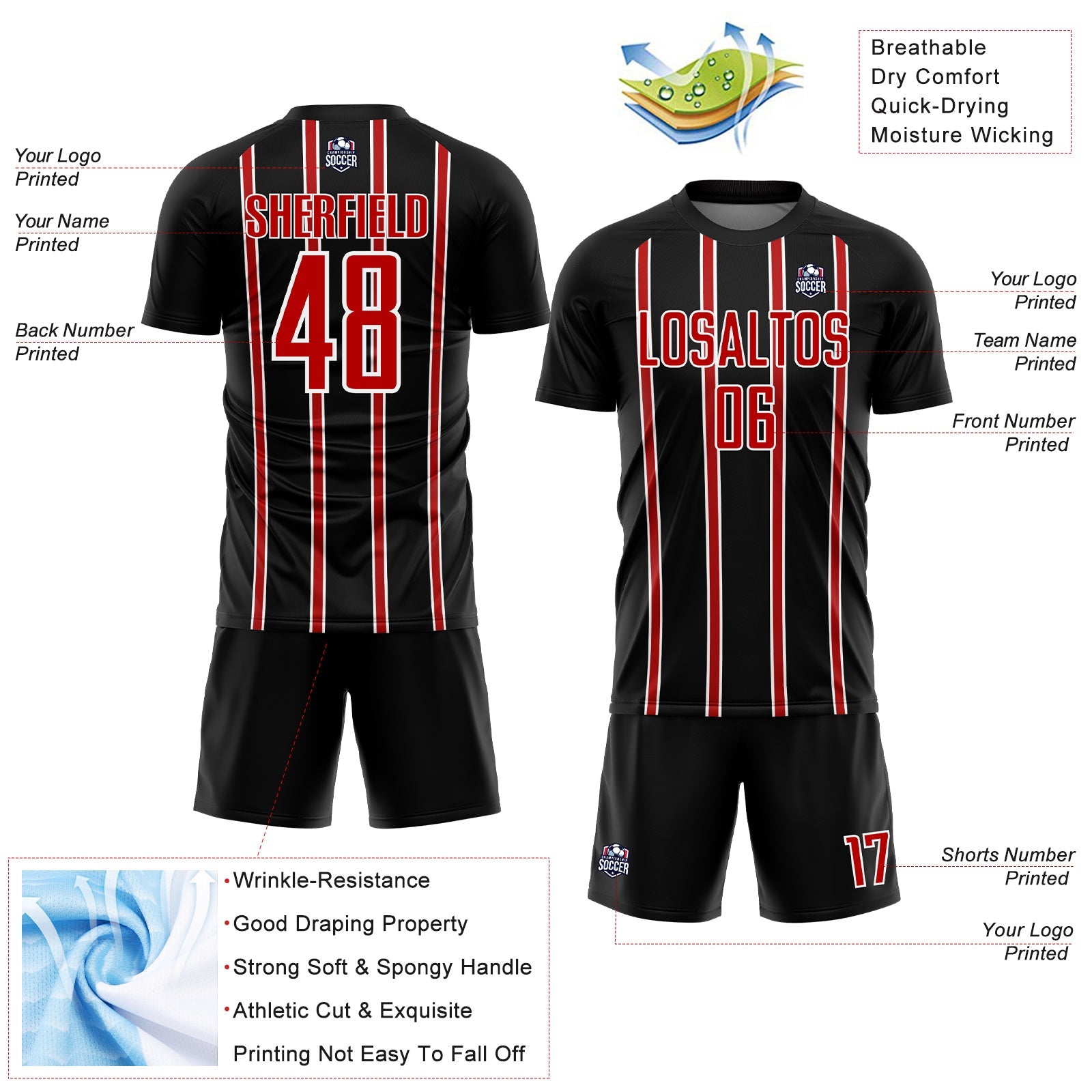 Custom Black Red-White Stripe Line Sublimation Soccer Uniform Jersey