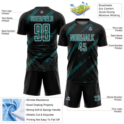 Custom Black Teal-White Abstract Fragment Art Splash Sublimation Soccer Uniform Jersey