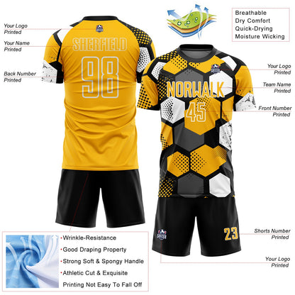 Custom Black Gold-White Geometric Shape Sublimation Soccer Uniform Jersey