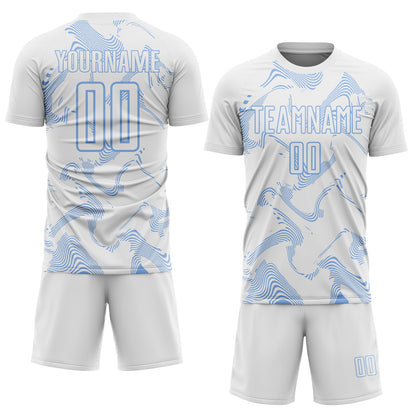 Custom White Light Blue Curve Lines Sports Sublimation Soccer Uniform Jersey