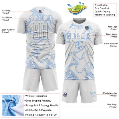 Custom White Light Blue Curve Lines Sports Sublimation Soccer Uniform Jersey