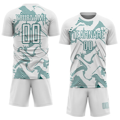 Custom White Teal Curve Lines Sports Sublimation Soccer Uniform Jersey