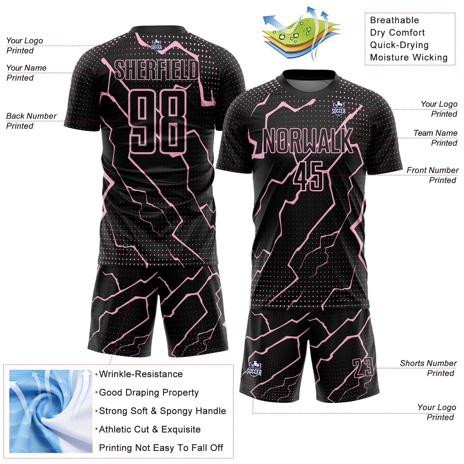 Custom Black Light Pink Lightning Sports Sublimation Soccer Uniform Jersey