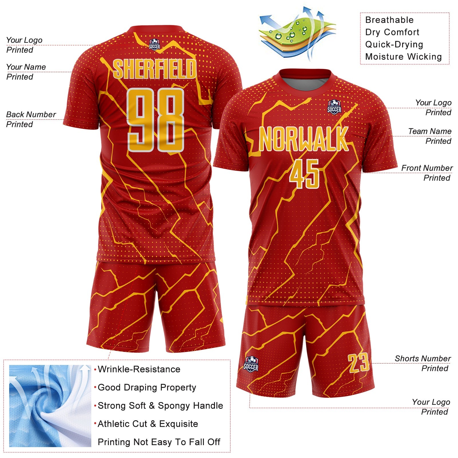 Custom Red Gold-White Lightning Sports Sublimation Soccer Uniform Jersey