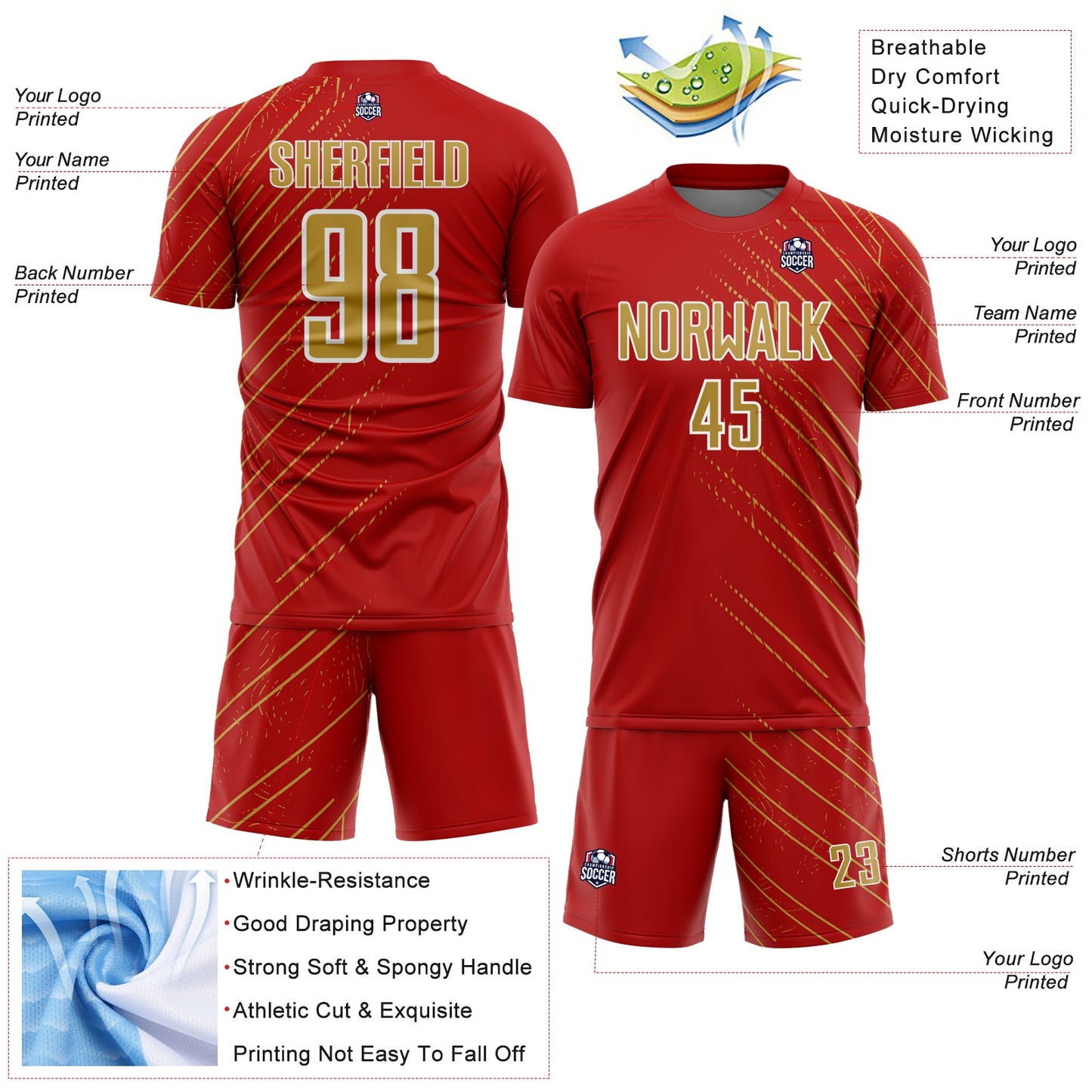 Custom Red Old Gold-White Lines Sports Sublimation Soccer Uniform Jersey