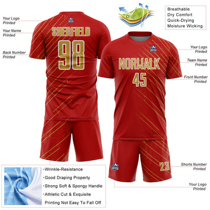 Custom Red Old Gold-White Lines Sports Sublimation Soccer Uniform Jersey