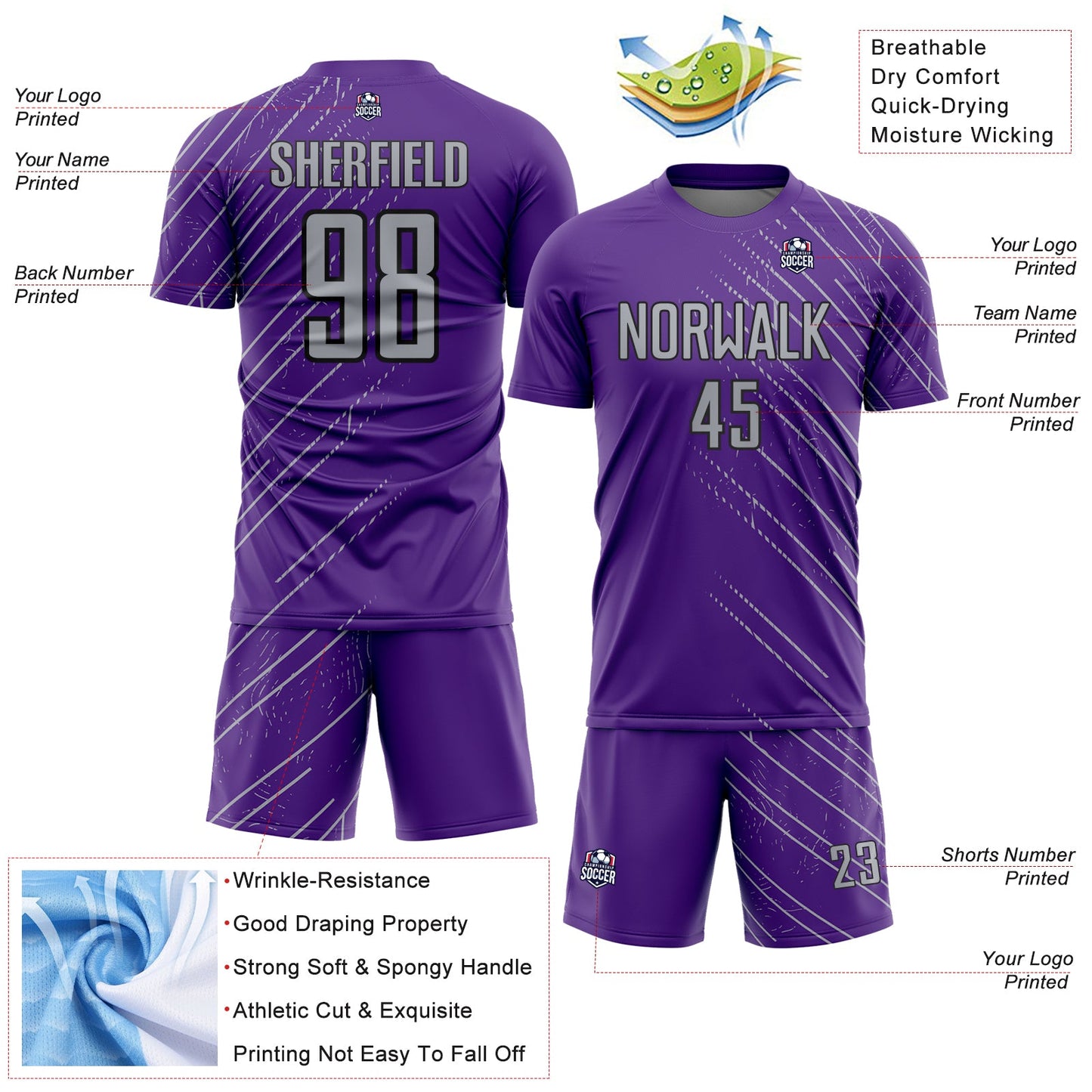 Custom Purple Gray-Black Lines Sports Sublimation Soccer Uniform Jersey