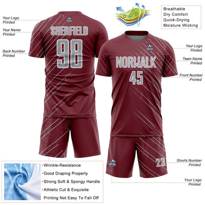 Custom Burgundy Gray-White Lines Sports Sublimation Soccer Uniform Jersey