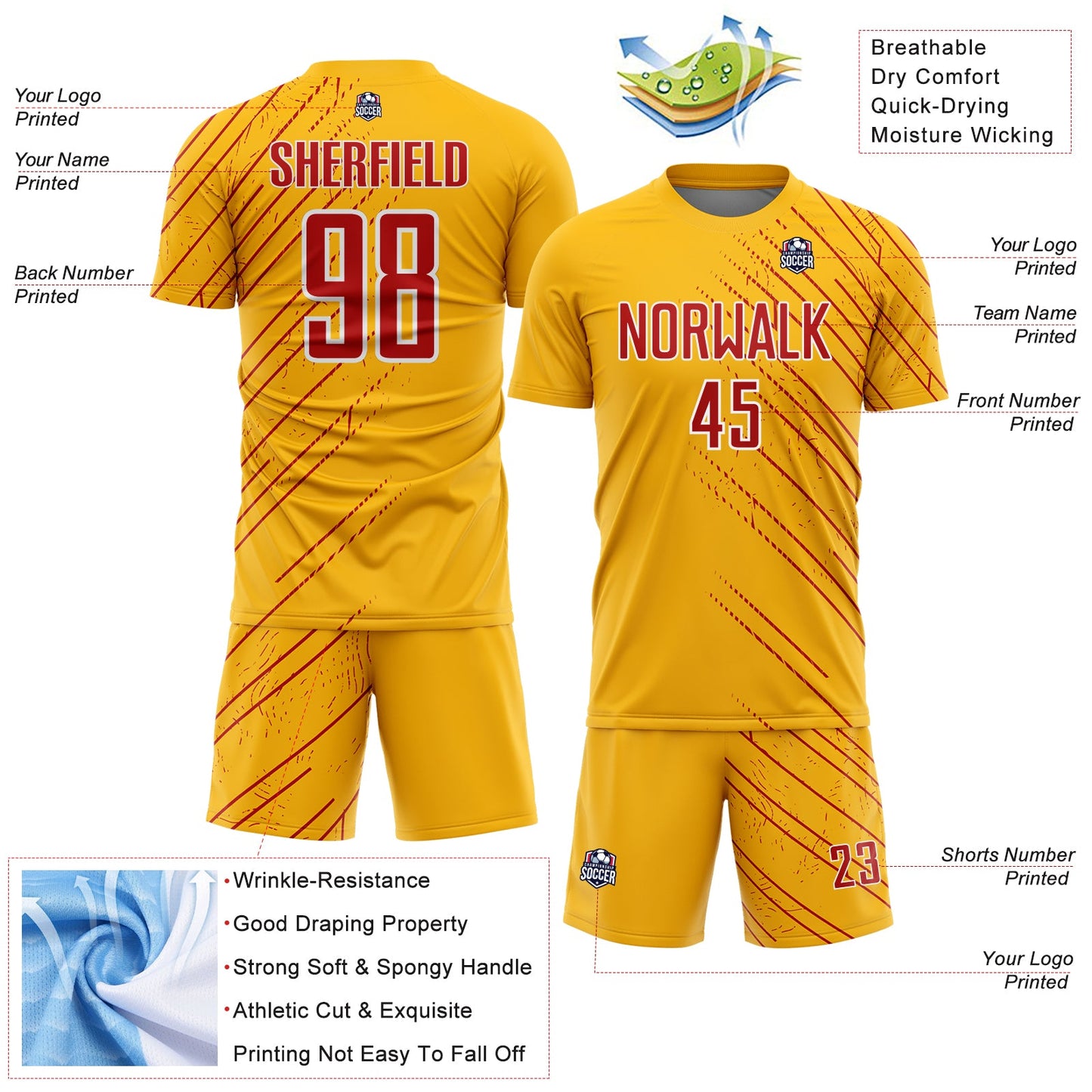 Custom Gold Red-White Lines Sports Sublimation Soccer Uniform Jersey