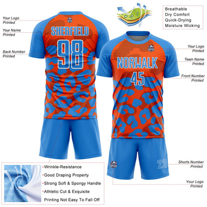 Custom Powder Blue Orange-White Animal Leopard Print Sports Sublimation Soccer Uniform Jersey