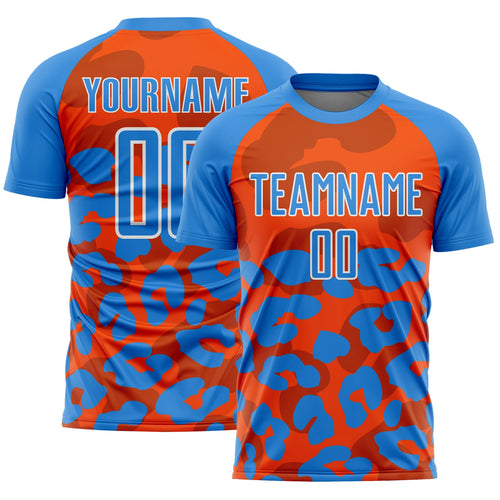 Custom Powder Blue Orange-White Animal Leopard Print Sports Sublimation Soccer Uniform Jersey