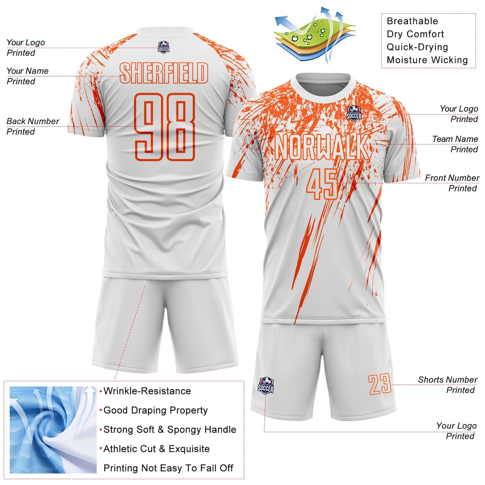 Custom White Orange Splash Sports Sublimation Soccer Uniform Jersey