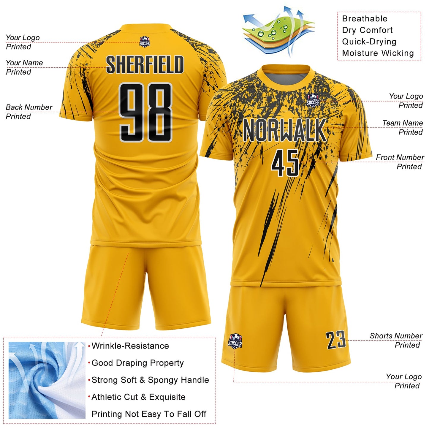 Custom Gold Black-White Splash Sports Sublimation Soccer Uniform Jersey