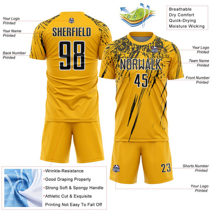 Custom Gold Black-White Splash Sports Sublimation Soccer Uniform Jersey