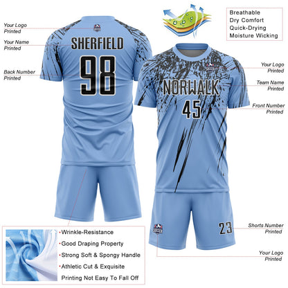 Custom Light Blue Black-White Splash Sports Sublimation Soccer Uniform Jersey