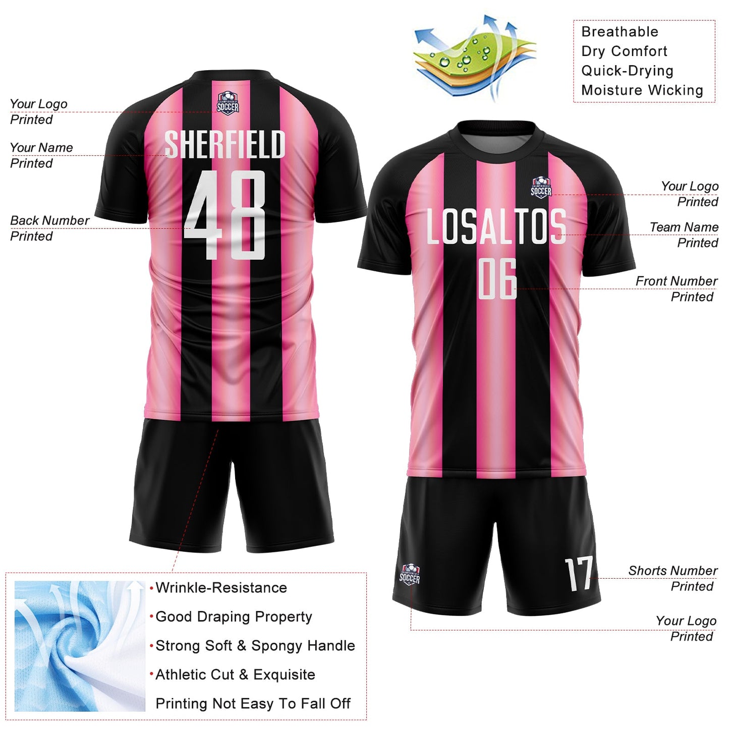 Custom Black White-Pink Stripes Sports Sublimation Soccer Uniform Jersey