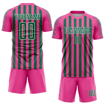Custom Pink Kelly Green-White Stripe Sports Sublimation Soccer Uniform Jersey