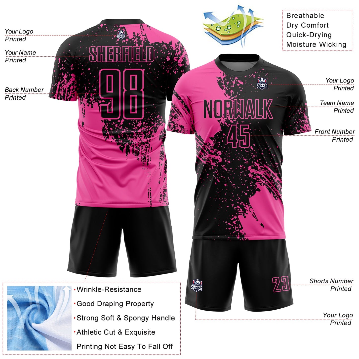 Custom Black Pink Abstract Brush Stroke Sports Sublimation Soccer Uniform Jersey