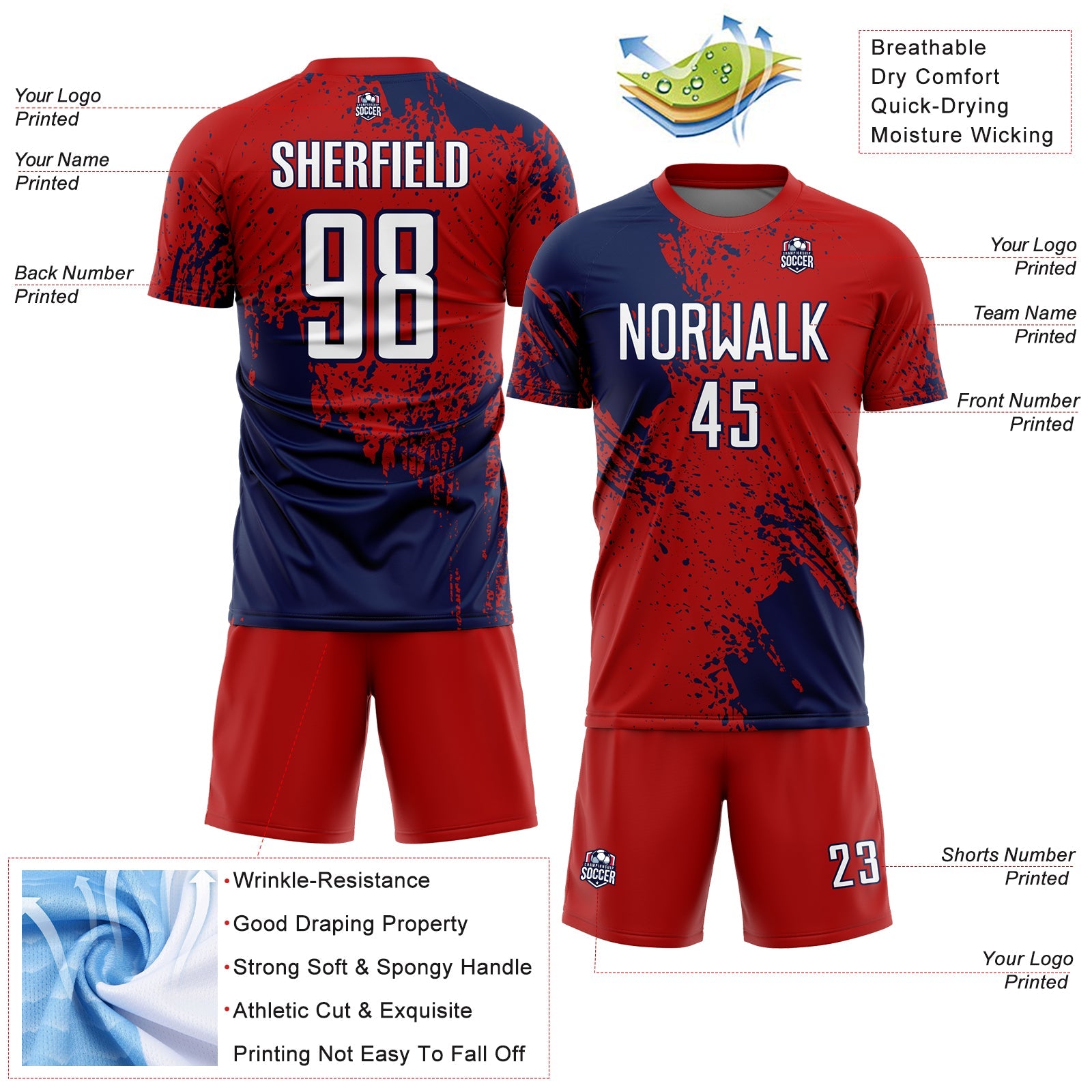 Custom Red White-Navy Abstract Brush Stroke Sports Sublimation Soccer Uniform Jersey