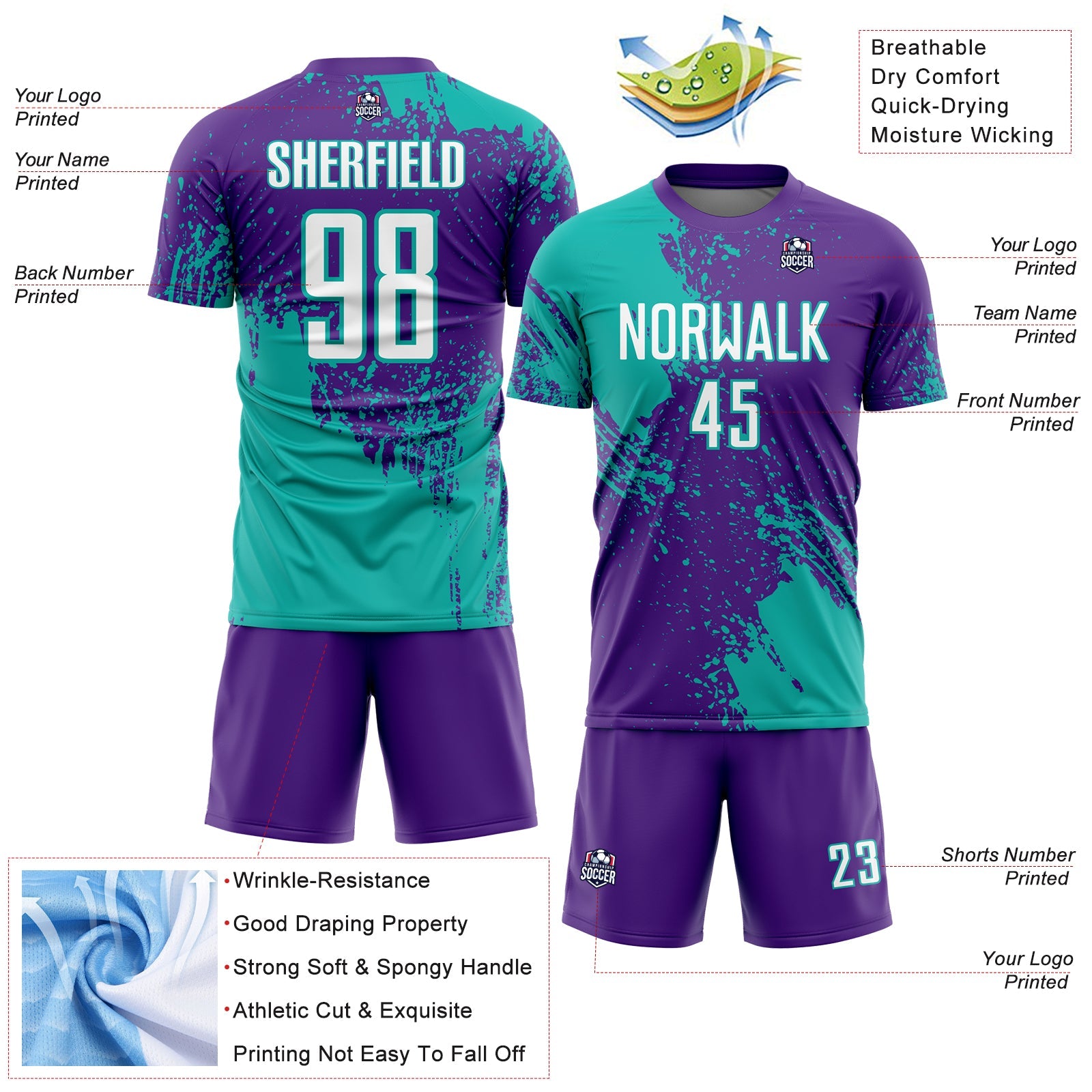 Custom Purple White-Aqua Abstract Brush Stroke Sports Sublimation Soccer Uniform Jersey