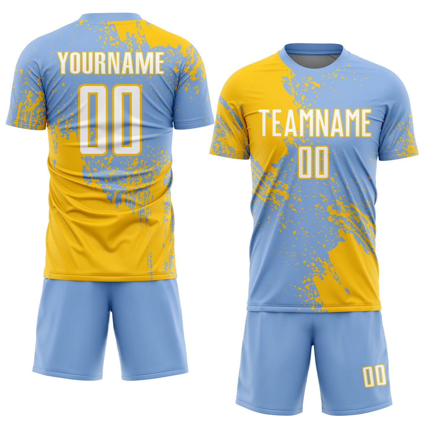 Custom Light Blue White-Yellow Abstract Brush Stroke Sports Sublimation Soccer Uniform Jersey