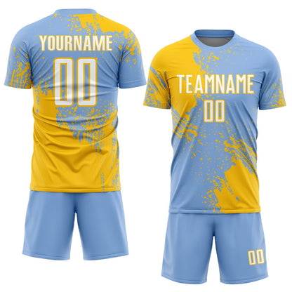 Custom Light Blue White-Yellow Abstract Brush Stroke Sports Sublimation Soccer Uniform Jersey