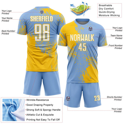 Custom Light Blue White-Yellow Abstract Brush Stroke Sports Sublimation Soccer Uniform Jersey