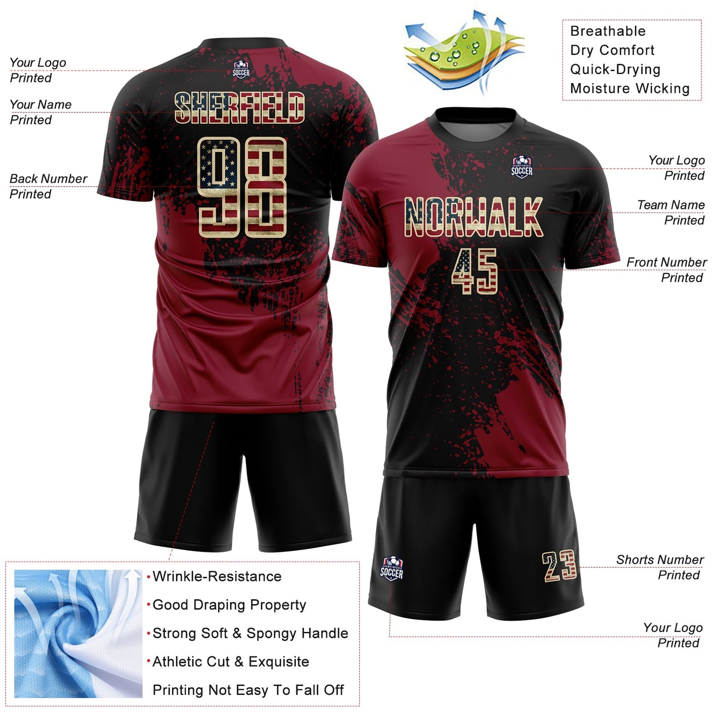 Custom Black Vintage USA Flag Crimson-Cream Abstract Brush Stroke Sports Sublimation Soccer Uniform Jersey