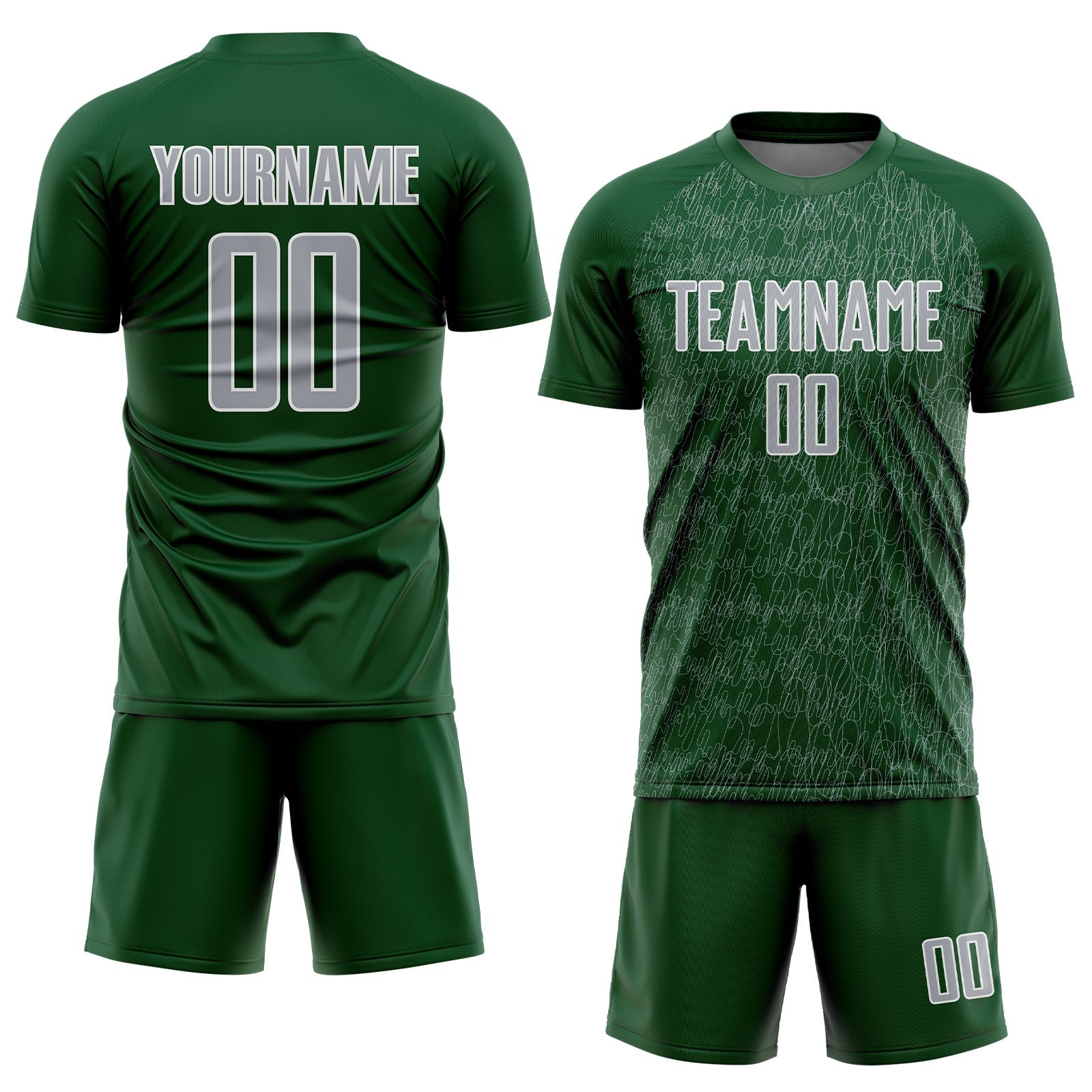 Custom Green Gray-White Abstract Scribble Curve Line Pattern Sports Sublimation Soccer Uniform Jersey