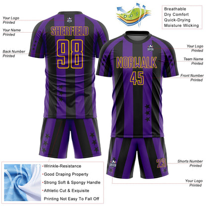 Custom Black Purple-Yellow Stars And Stripes Sports Sublimation Soccer Uniform Jersey