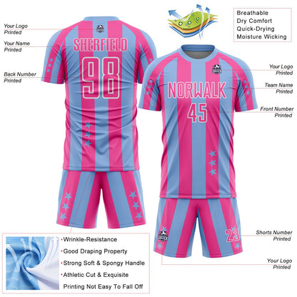 Custom Light Blue Pink-White Stars And Stripes Sports Sublimation Soccer Uniform Jersey