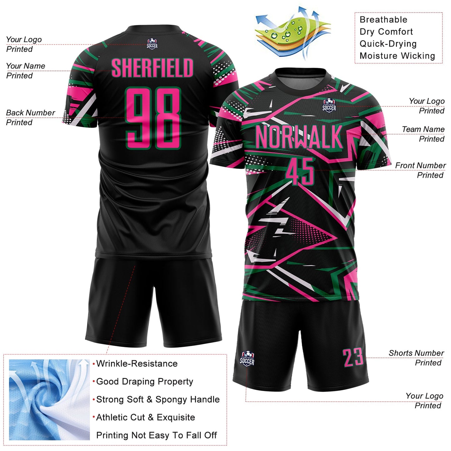 Custom Black Pink Kelly Green-White Abstract Geometric Stripes Sports Sublimation Soccer Uniform Jersey