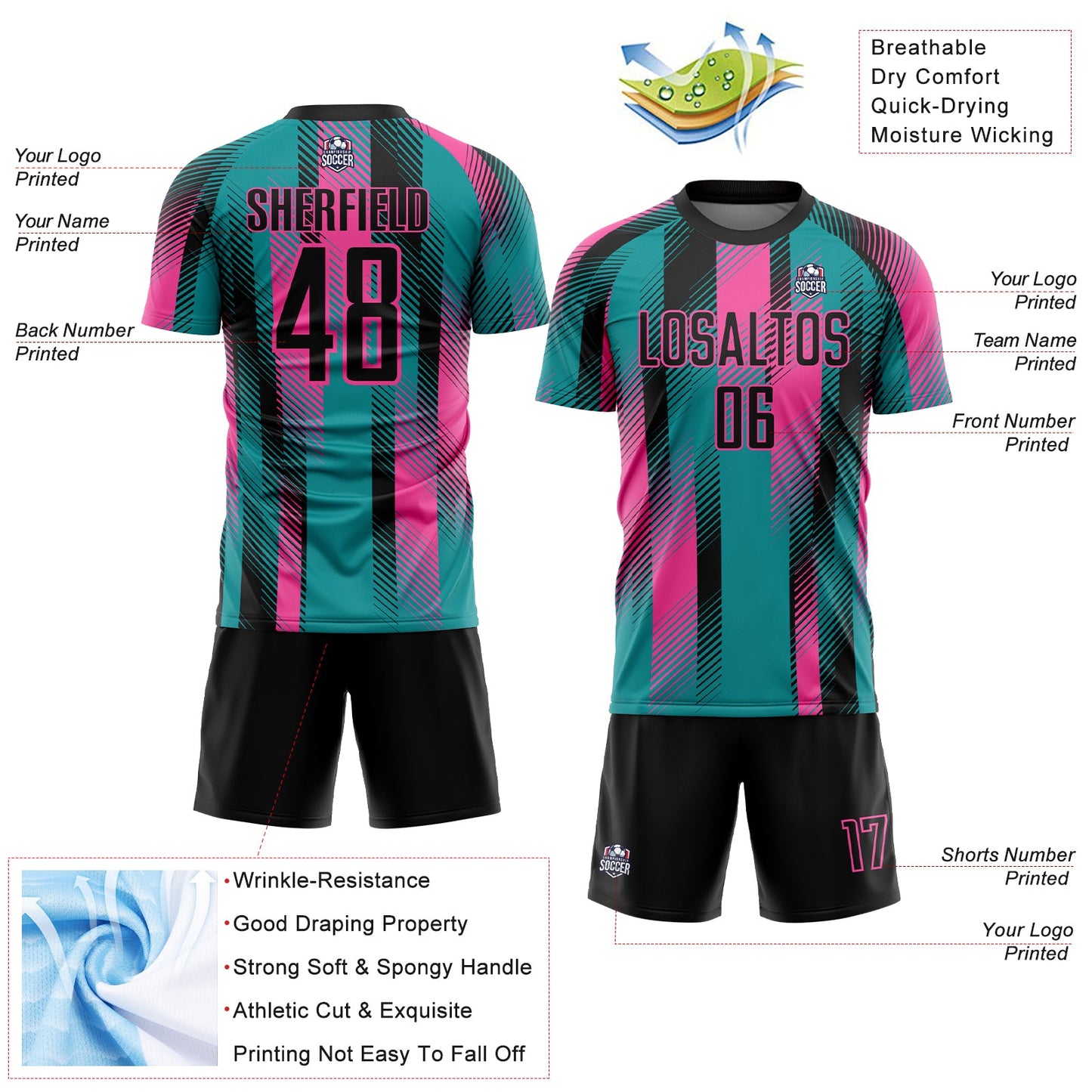 Custom Teal Black-Pink Diagonal Stripe Sports Sublimation Soccer Uniform Jersey