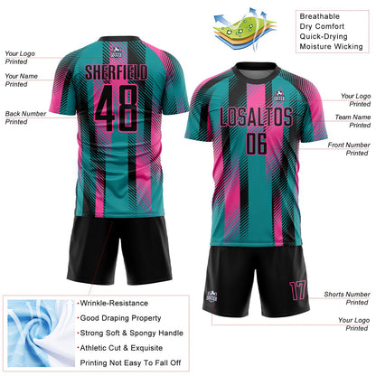 Custom Teal Black-Pink Diagonal Stripe Sports Sublimation Soccer Uniform Jersey