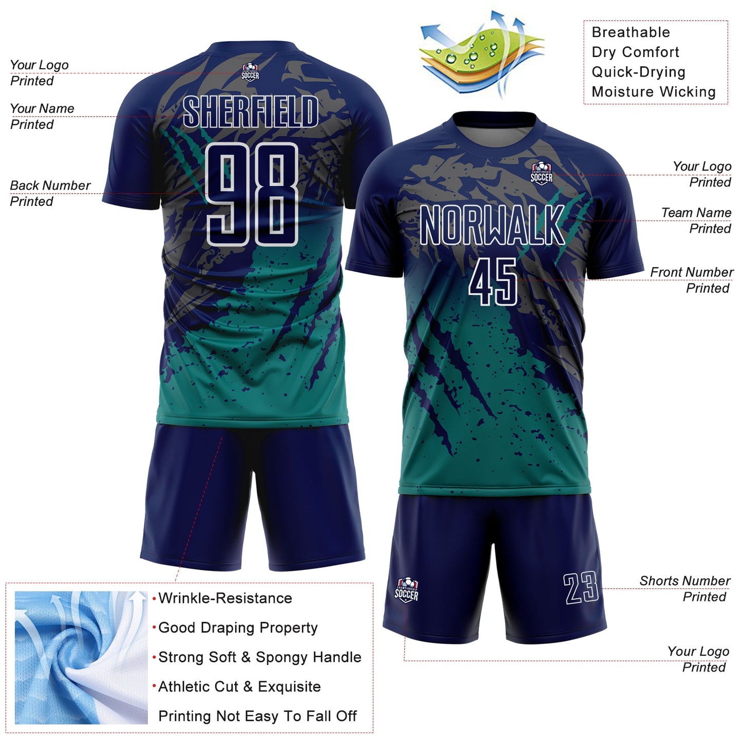 Custom Navy White-Teal Gradient Claw Mark Splatter Sports Sublimation Soccer Uniform Jersey