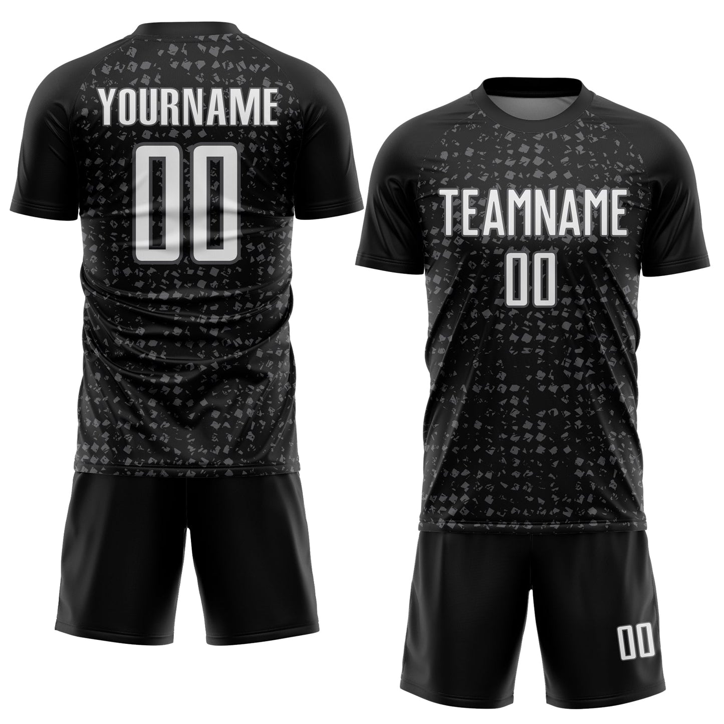 Custom Black White-Steel Gray Digital Geometric Fragment Speckles Sublimation Soccer Uniform Jersey