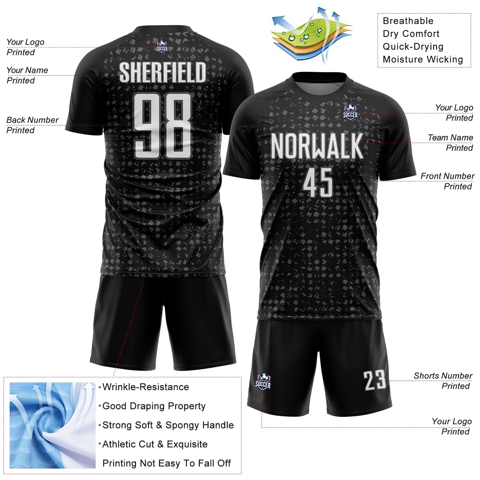 Custom Black White-Steel Gray Digital Geometric Fragment Speckles Sublimation Soccer Uniform Jersey