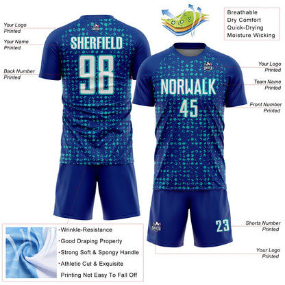 Custom Royal White-Aqua Digital Geometric Fragment Speckles Sublimation Soccer Uniform Jersey
