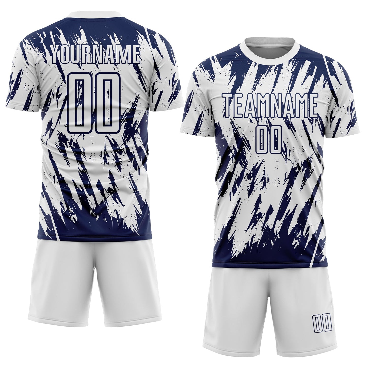 Custom White-Navy Splatter Torn Sharp Brush Stroke Sublimation Soccer Uniform Jersey