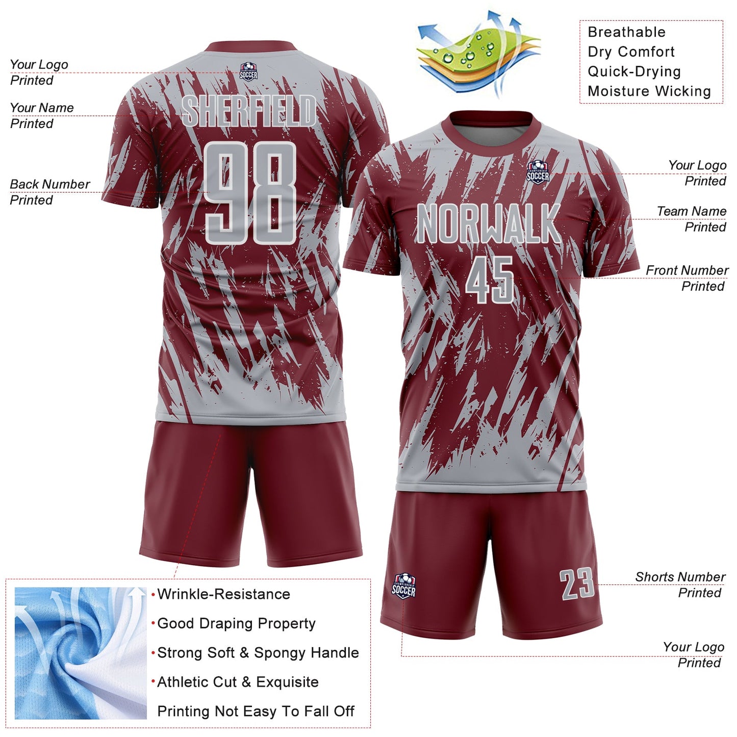 Custom Burgundy Gray-White Splatter Torn Sharp Brush Stroke Sublimation Soccer Uniform Jersey